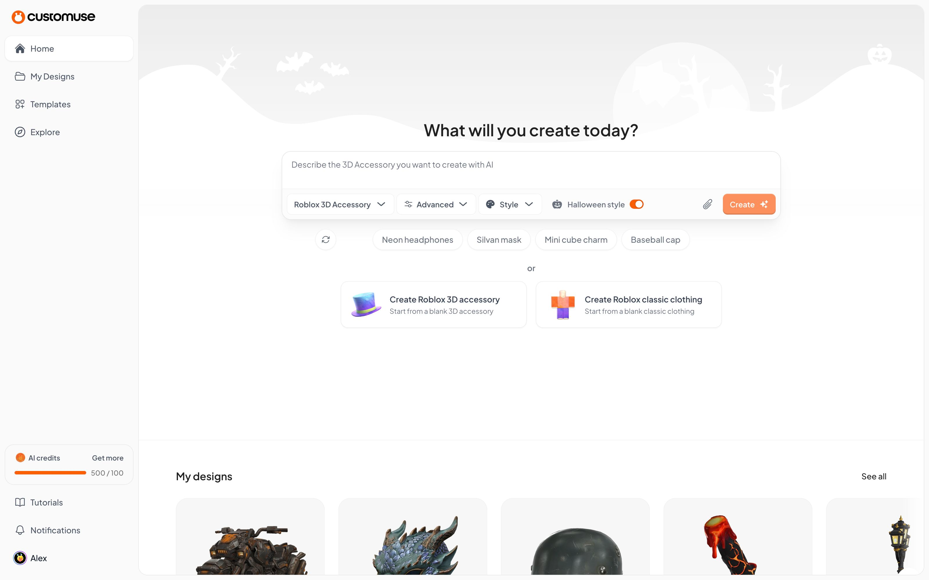 Customuse homepage with its AI creation prompt and recent 3D designs